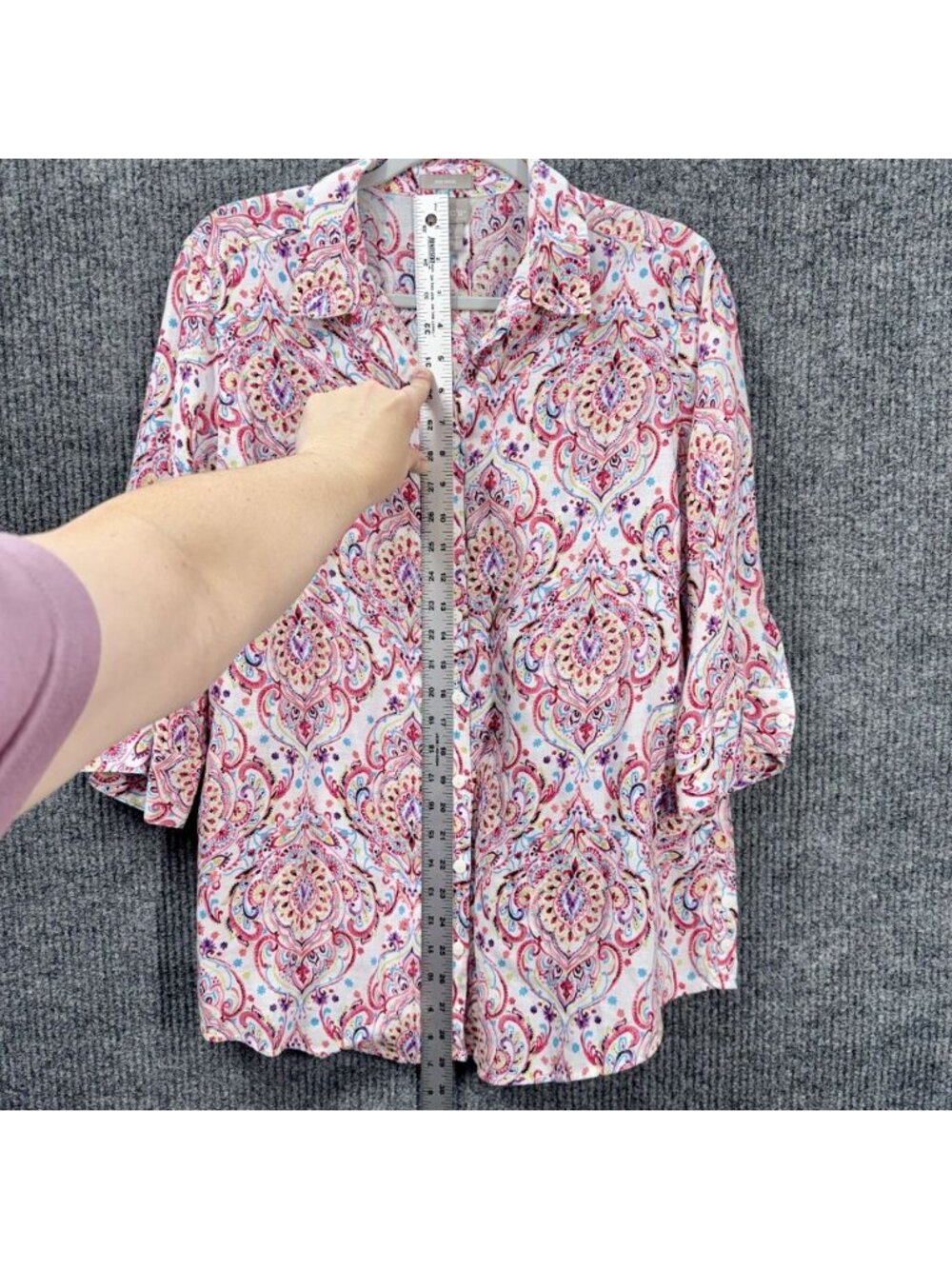 Chicos Linen No Iron Top Size 2P/LP Pink Damask Paisley Button Front 3/4 Sleeve - Picture 8 of 10